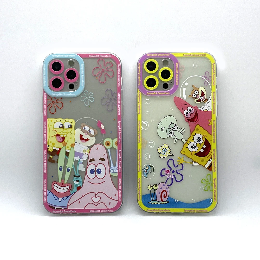 

Cartoon SpongeBob SquarePants Transparent Phone Case For iPhone 13 12 11 Pro Max Mini XR XS Cute Soft Protective Cover