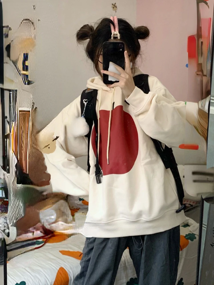 

Harajuku Japanese Apple Print Hoodies Women Autumn Japanese Cute Loose Pullover Hooded Kawaii Sweatshirt Korean All Match Hoodie