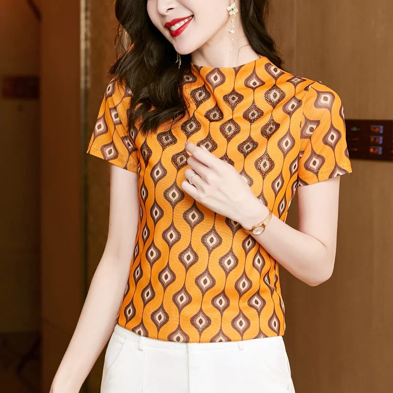 

Summer New Design Chffion Printing Women Tops Stand Neck Print Polyester Office Lady Short Sleeve Blouses