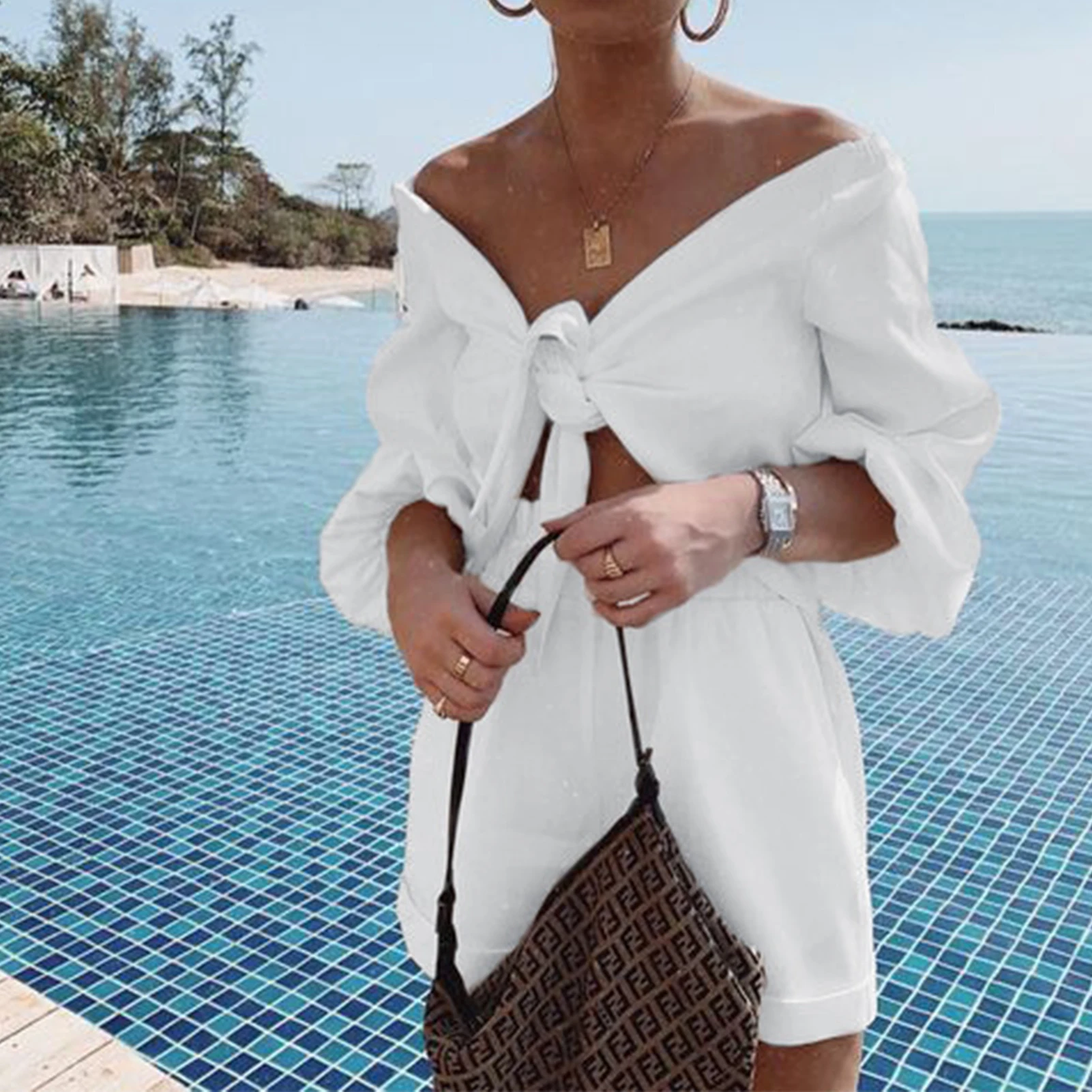 

Women Cardigan Top+Shorts Cotton Fashion Shirt+Pocket Shorts Two Piece Sets Casual Simple Lantern Sleeve Female Clothing