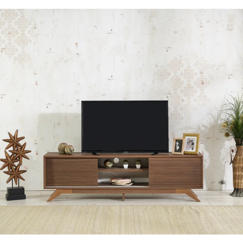 2 Sliding Door Cabinet 2 Shelves 67 Inch Tv Unit\  Walnut Walnut