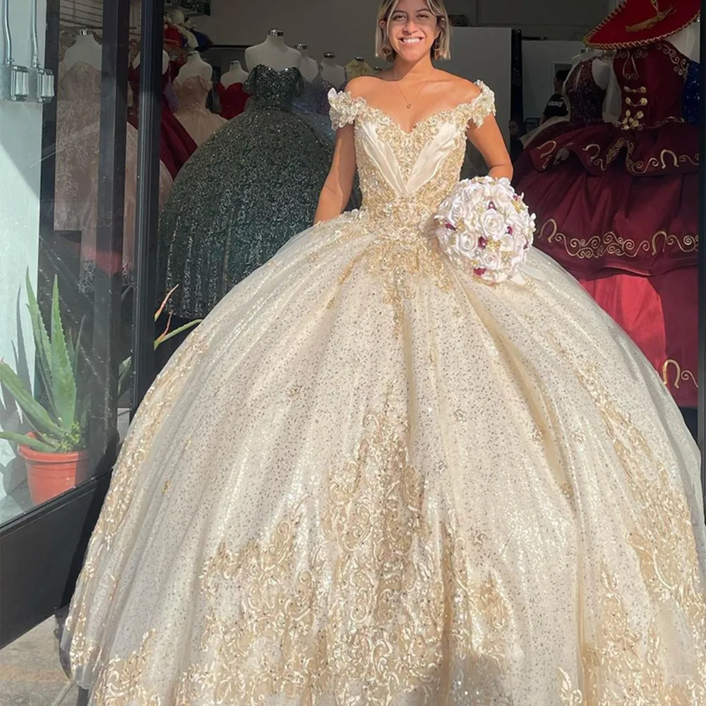 

2022 блестящие бежевые платья Quinceanera, кружевное бальное платье с блестками, милое платье 16, Длинные вечерние платья на заказ