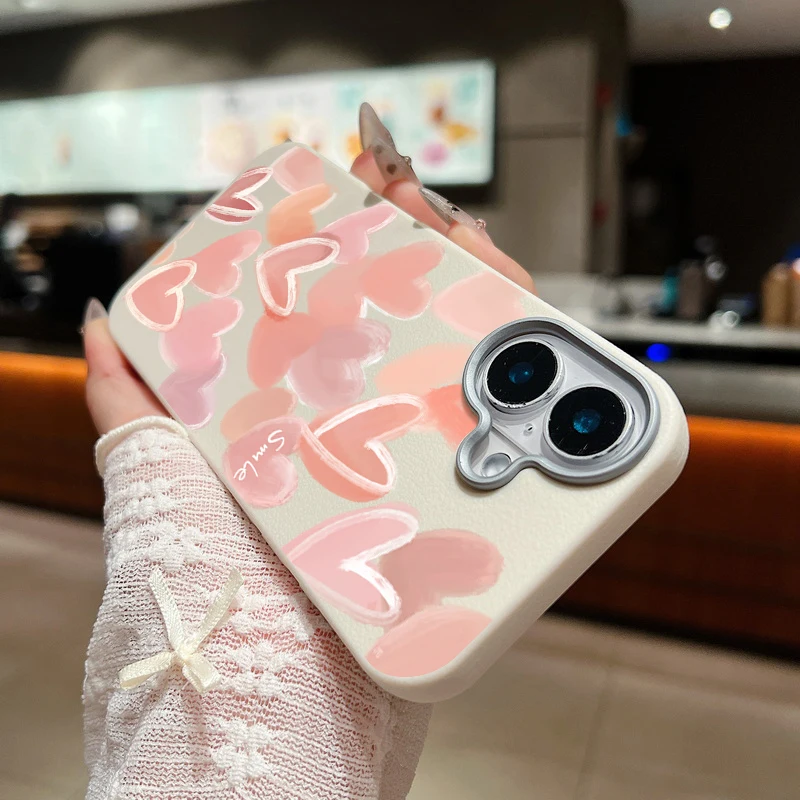 Pink Love Hearts Case For iPhone 11 12 13 14 15 Pro Max SE Luxury Leather Texture Soft Silicone Cover 16