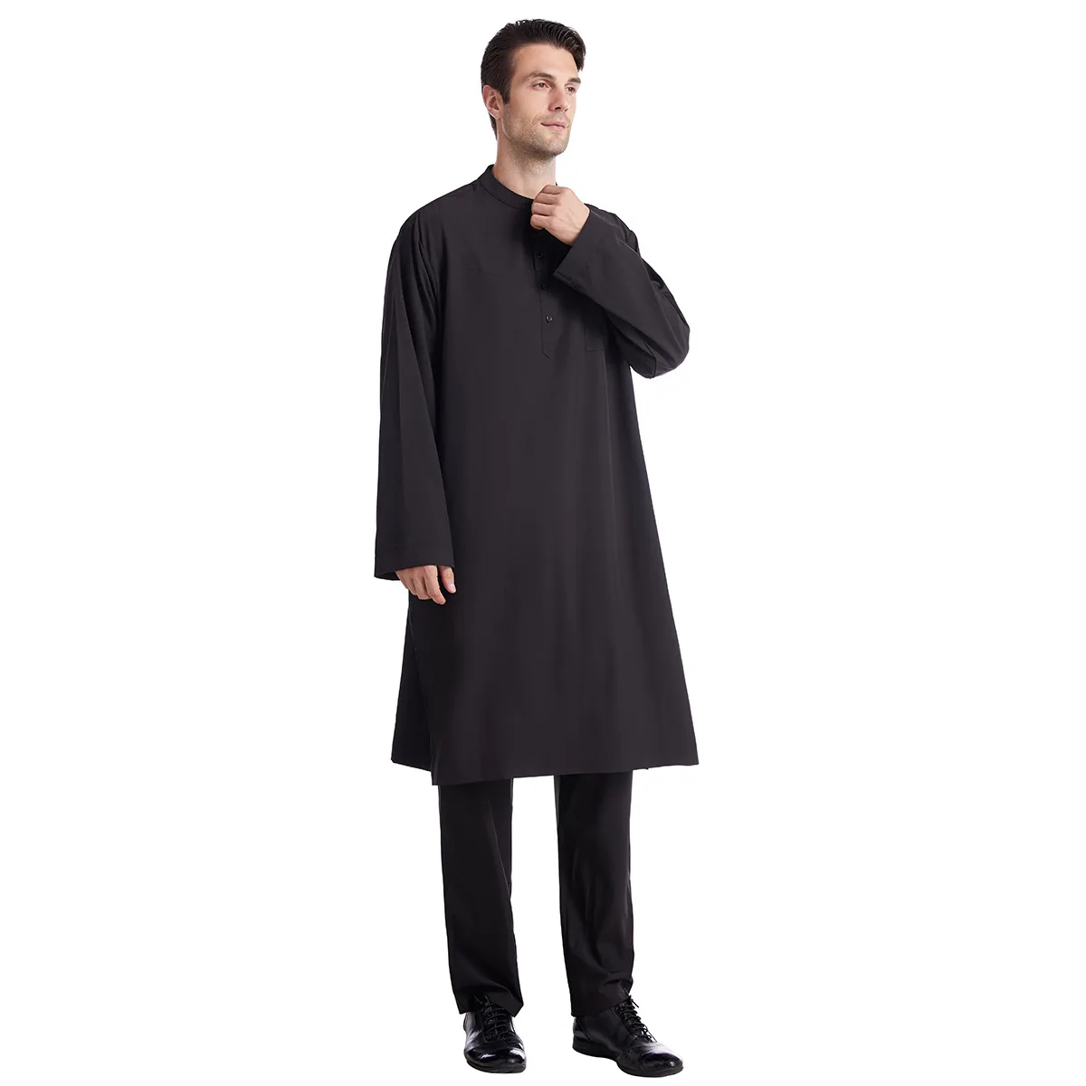 Фото Популярный однотонный мусульманский костюм с воротником-стойкой мужская одежда