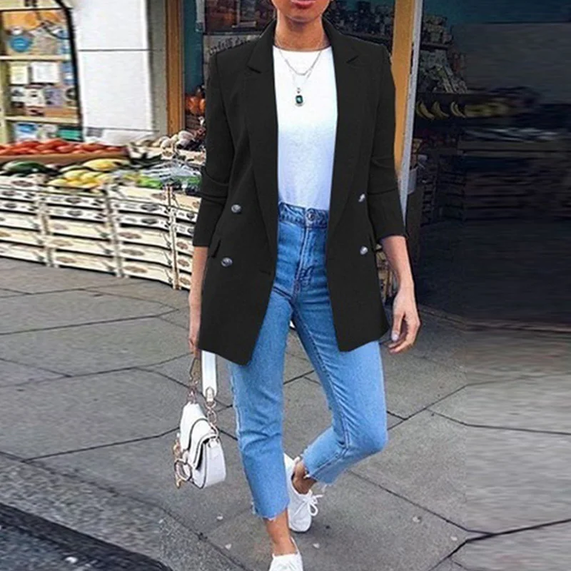 Autumn Long Sleeve Cardigan Blazer Solid Coat Casual Office Women Slim Button Jacket Work Ladies Open Front Notched Coat Blazers