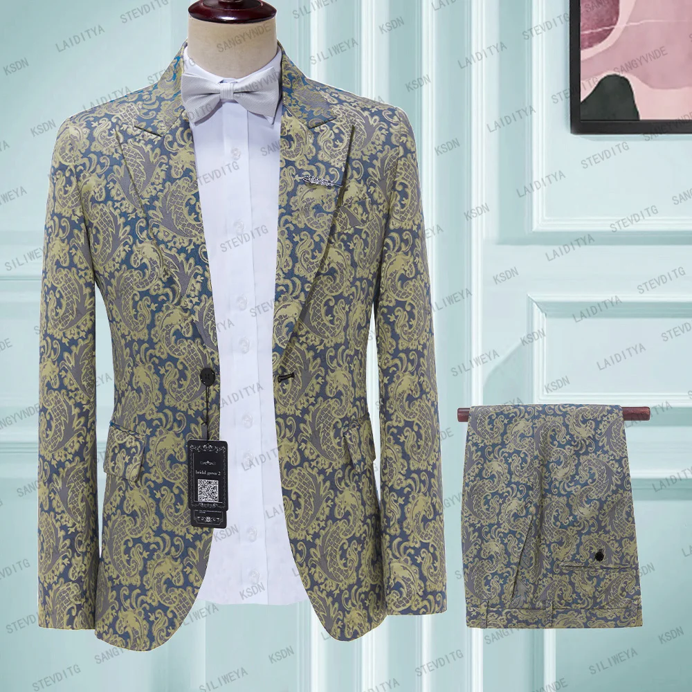 

Новинка 2023, Модные мужские повседневные деловые костюмы для ведущих на свадьбе, цветные костюмы с цветами, комплект из 2 предметов, платье, блейзеры, куртка, брюки