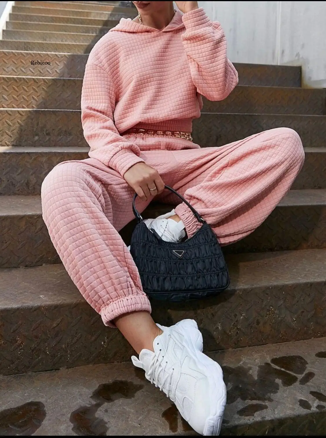 Tracksuits Matching 2 Pieces Female Suit Set Solid Color Long Sleeve Hooded Tops Ankle Banded Pants with Chain Decor 3