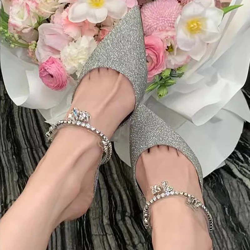 

Rimocy 2023 New Bling Crystal Mule Slippers Women Pointed Toe Sequins Mules Shoes Woman Summer Flat Heel Shining Party Shoes
