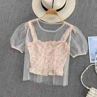 womens inner camisole two piece suit hot girl short print tanks top short sleeve gauze blouse summer holiday shirts sets mujer