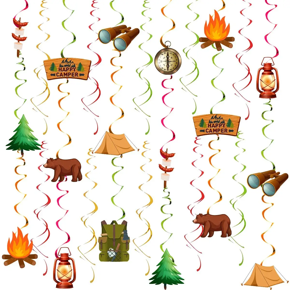 

JOYMEMO 30pcs Camping Themed Party Hanging Swirls, Happy Camper Decorations Flashlight Campfire for Lumberjack Birthday Supplies