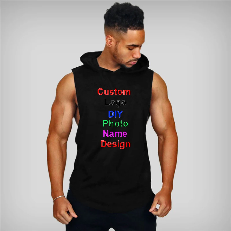 

Customized Brand Logo Gym Hooded Sleeveless Shirt Mens Bodybuilding Fitness Tank Top Men DIY Graphics Printing Workout Clothing