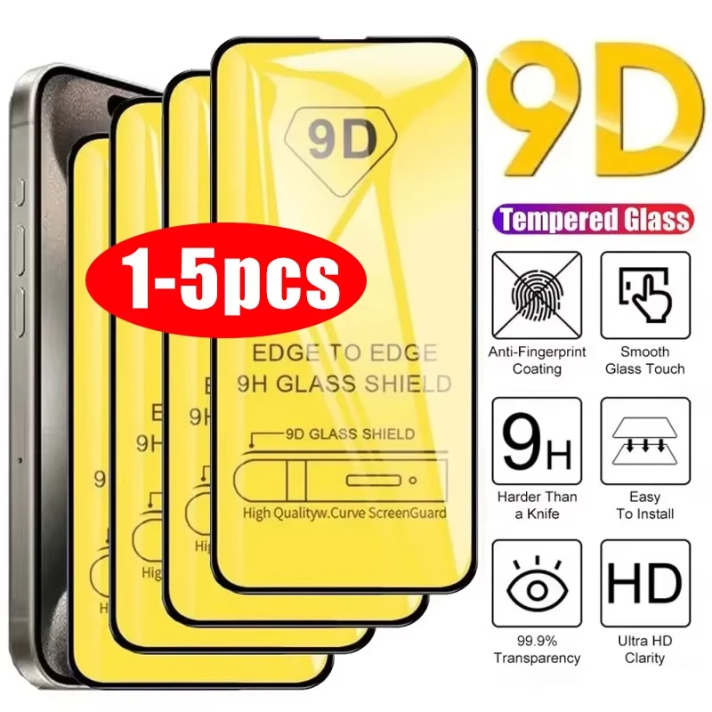 1-5PCS 9D Full Cover Tempered Glass For iPhone 17 16 15 11 12 13 14 Pro Max 16E Screen Protector For
