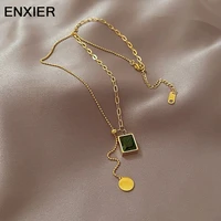 enxier fashion square zircon pendent necklace for women retro 316l stainless steel water wave chain choker party jewelry