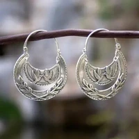 simple hollow half round semicircle bird earrings antique silver color metal engraving leaves flower hoop earrings for women