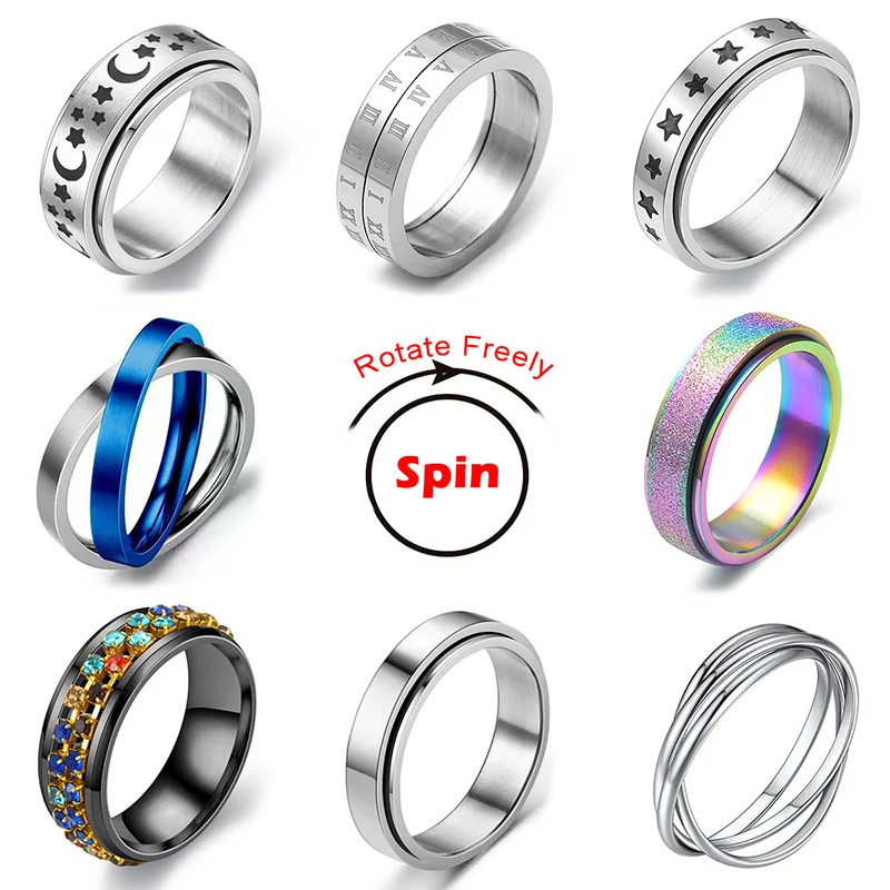 

Rotate Freely Spinning Stainless Steel Anxiety Ring For Women Moon Star Chain Spinner Fidgets Ring Anti Stress Men Rotating