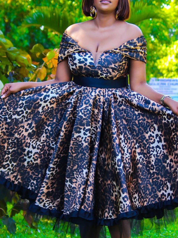 

Women Leopard A Line Dress Pleated Patchwork Mesh Vintage Printed Off Shoulder African Ladies Retro Evening Occasion Robes Gowns