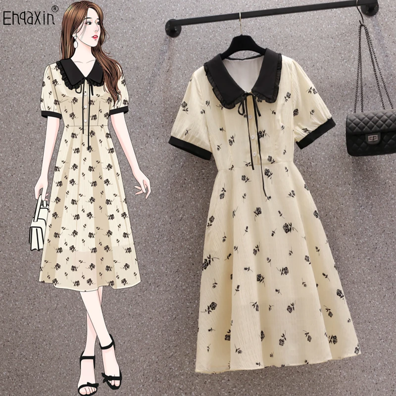 EHQAXIN Summer Women's Dress Fashion 2023 New French Vintage Doll Neck Print Short Sleeve Button Loose Dresses For Female M-4XL