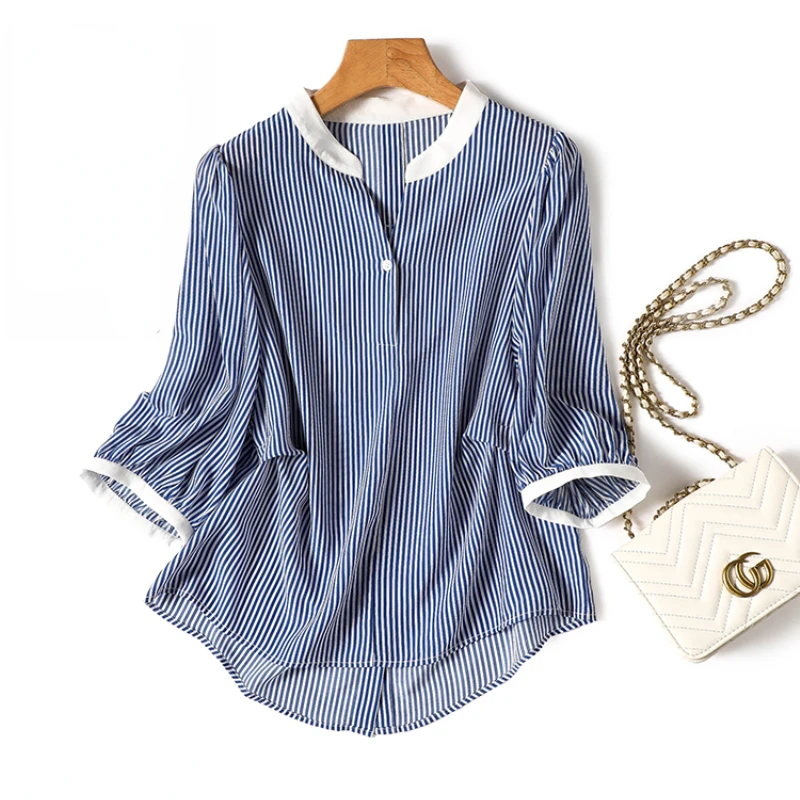

Silk Women's Shirt Summer 2023 New Stripe Casual Blouses Satin Short Sleeve Top Loose O-neck Ladies Clothing YCMYUNYAN