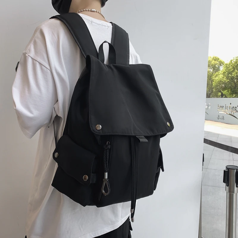 

Solid Black Men's Backpacks Cool Streetwear Style Travel Backpack Harajuku Large Capacity School Bags Waterproof Nylon Bookbag