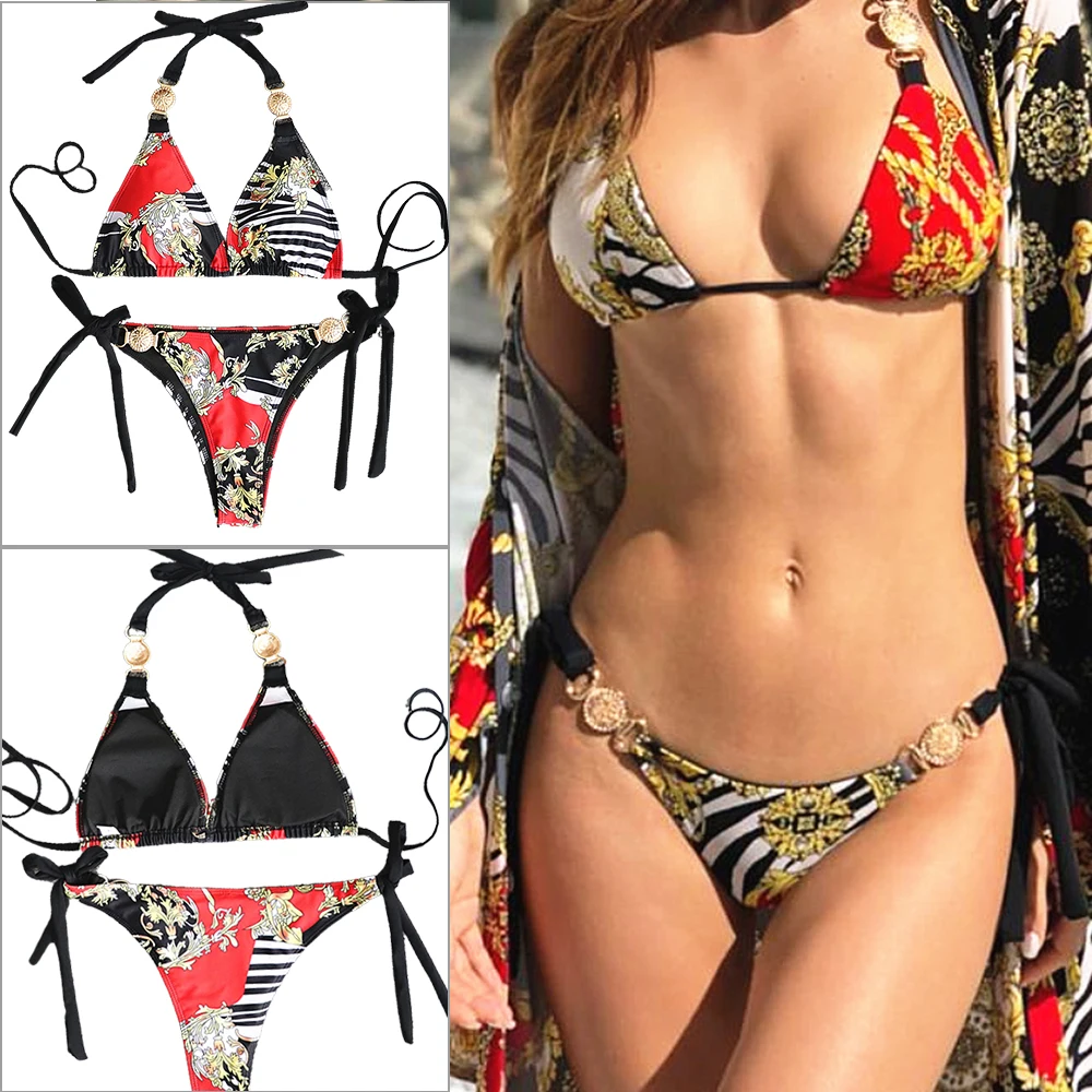 

Fashion Women's Swimsuit Sexy Print Tie Bikini Two Piece Summer Bathing Suit for Swimming Pool Beach Sunbathing Suit ALS88