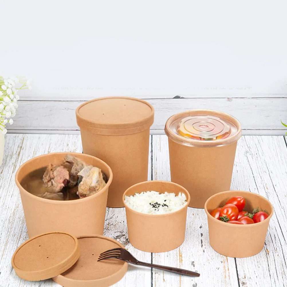 

50 Pcs Take-out Food Barrel Kraft Paper Soup Cup Ice Cream Containers Disposable Lids