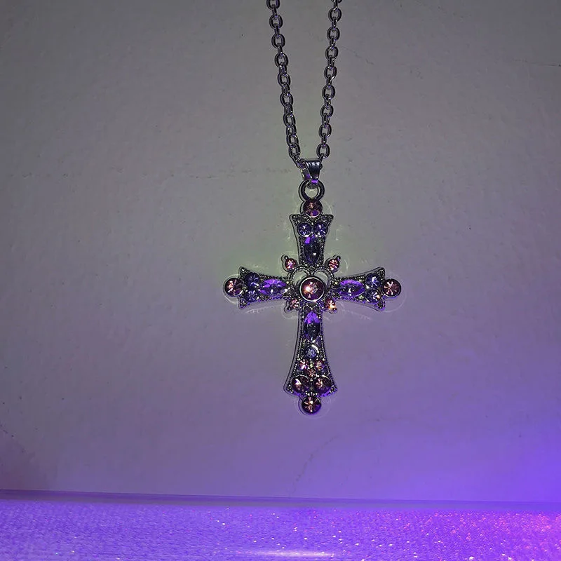 

Exaggerated Pink Purple Diamond Love Cross Diamond Necklace For Women Gothic Personality Hip Hop Korean Fashion Jewelry Gifts