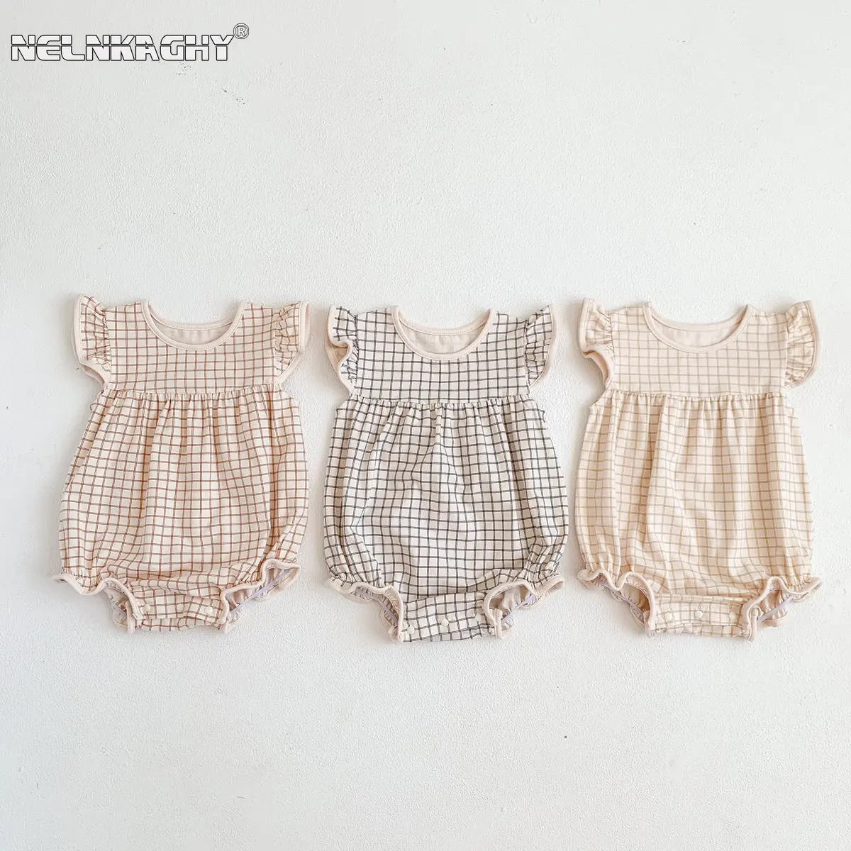 2023 NEW IN Summer Infant Kids Girls Fly Sleeve Plaid Outwear Outfits Newborn Baby Cotton Clothing Casual Bodysuits Jumpsuits