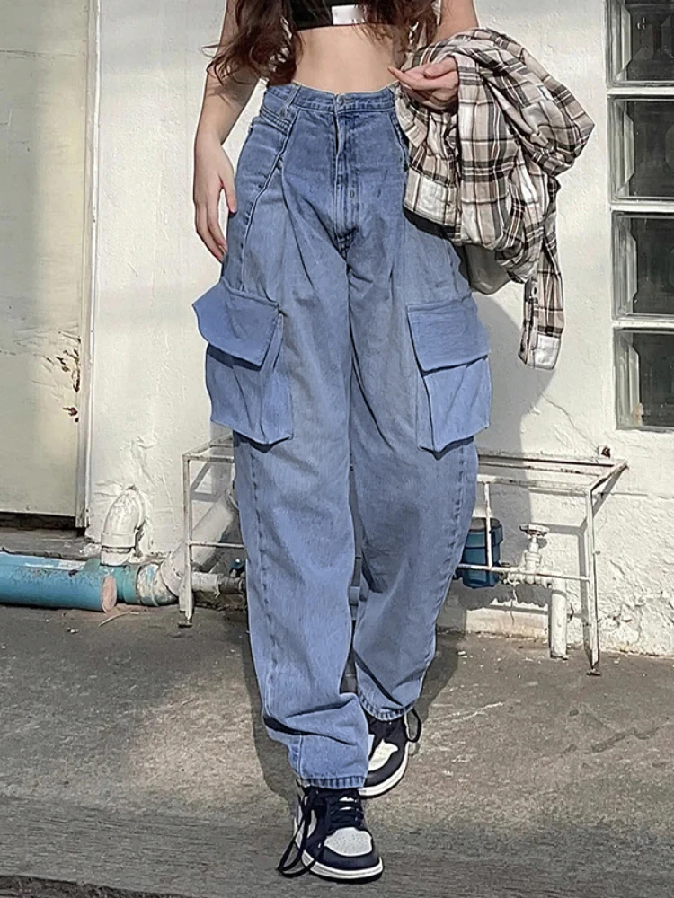 

Sunny y.j.Y2K Pockets Zipper Cargo Jeans Vintage Blue High Waist Denim Pants Women Baggy Street Joggers Women Korean Outfits 90s