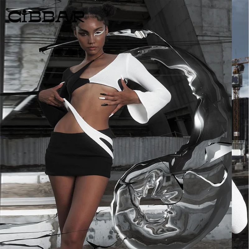 

CIBBAR Streetwear 2 Piece Set Fashion Patchwork Flare Sleeve Crop Tops+Hollow Out Low Waist Skirt Suit Spring Summer Slim Outfit