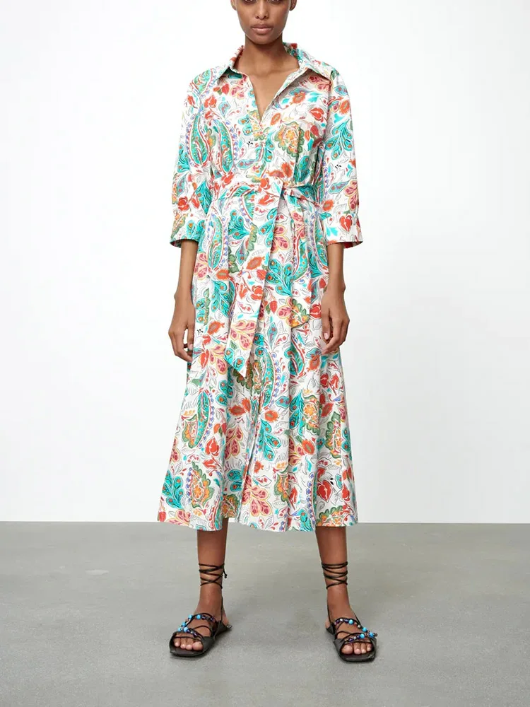 

Женское платье-рубашка миди с поясом и принтом пейсли, рукавом 2022 и пуговицами