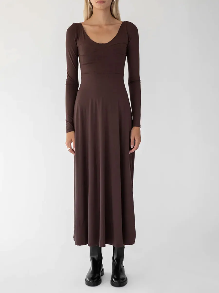 

2023 New Autumn Elegant Fashion Solid V-neck Long Sleeve Women's Solid Swing Dress robe femme vestidos