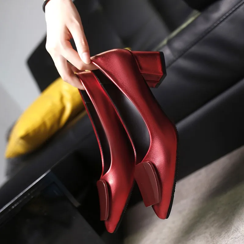

Heel 5cm Women Chunky Heels Spring New Concise Soft Leather Women Single Shoes Dress Office Pointed Toe Shallow Woman Heel Shoes