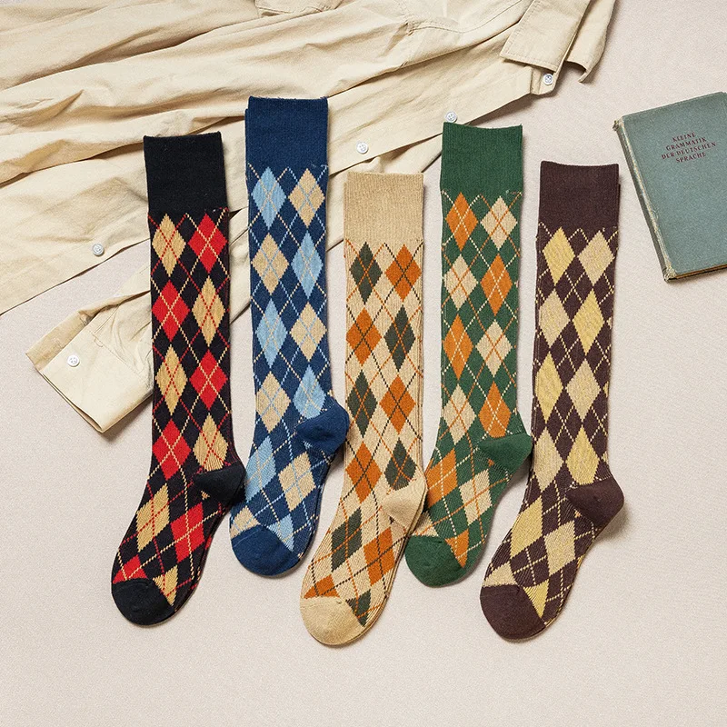 

Diamond socks female mid-thigh calf and knee pile socks Japanese and Korean version to wear retro fall and winter cotton socks