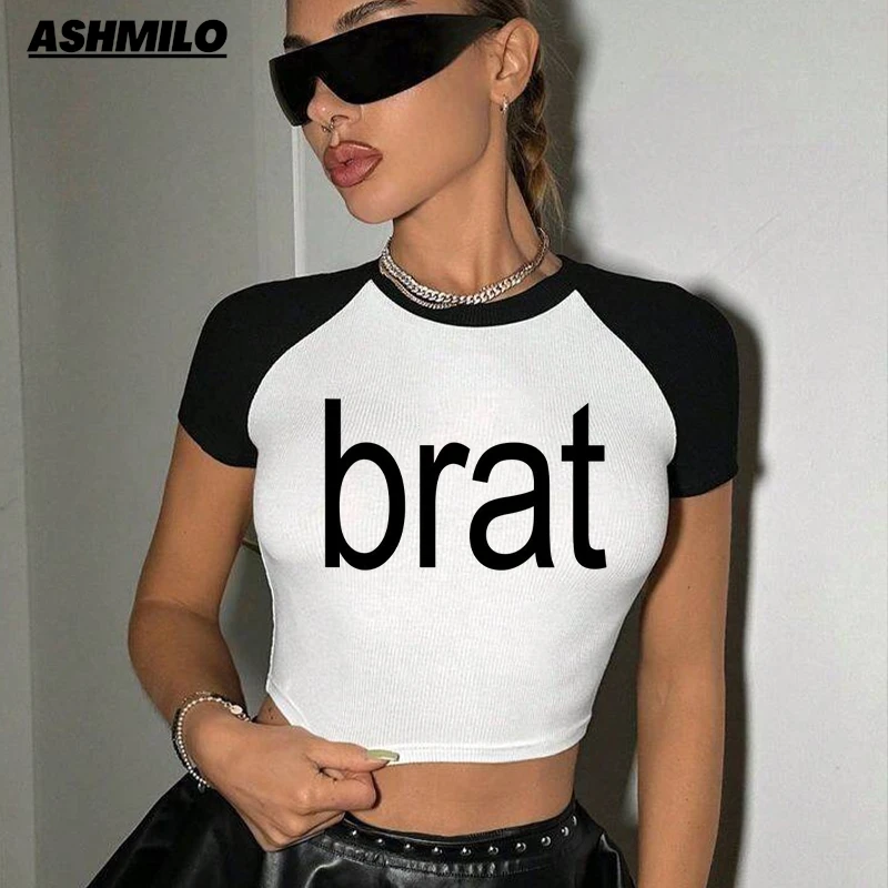 Футболка Y2K уличная Женская в стиле ретро короткий топ с надписью Brat Charli XCX одежда