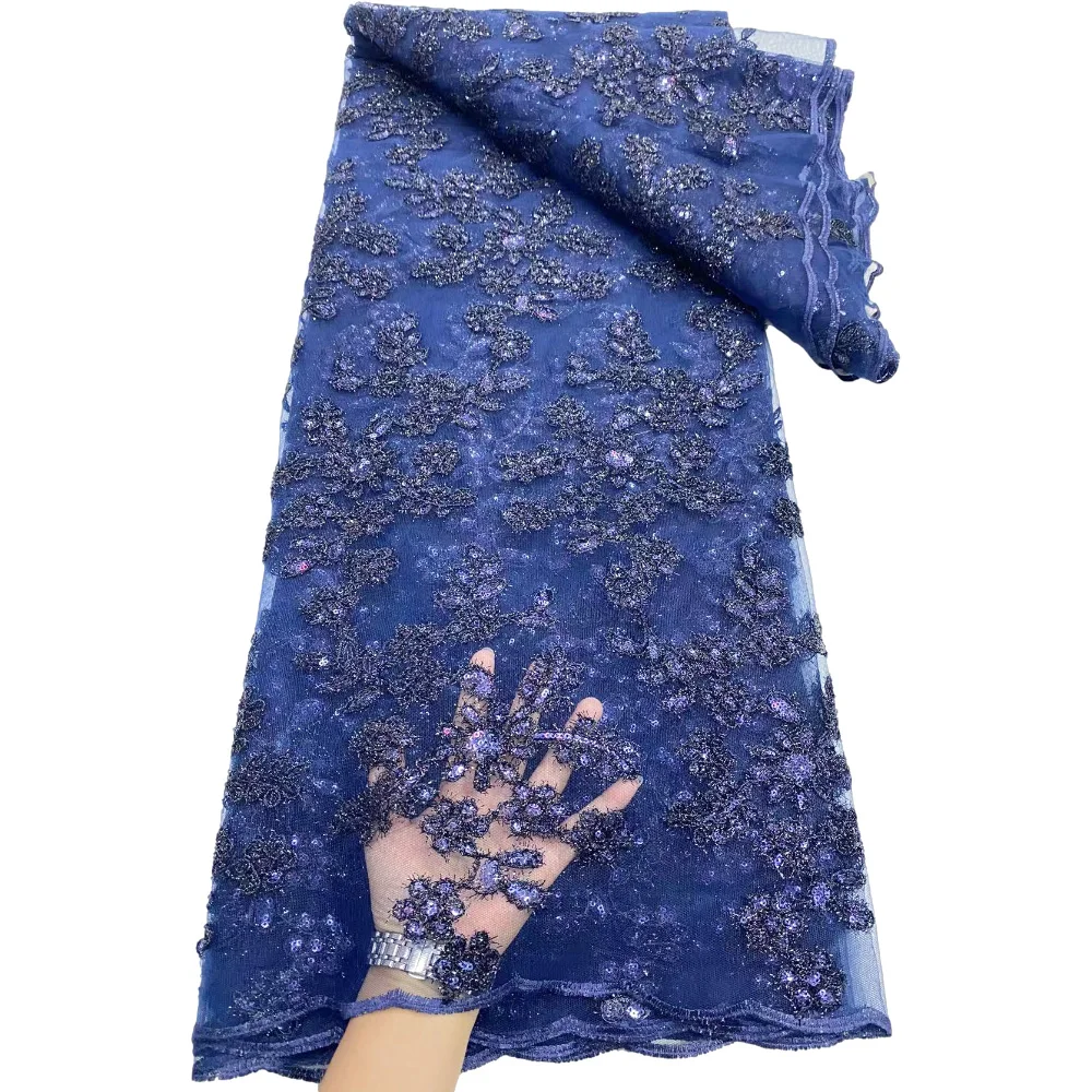 D-Blue Африканское Сетчатое кружево с блестками французское Тюлевое африканская
