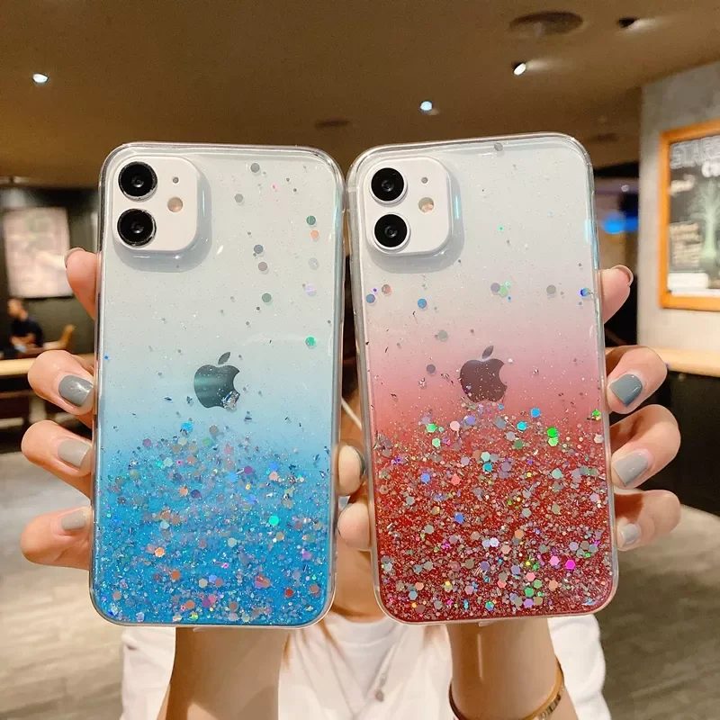 

Free Shipping For iPhone 11 12 13 Pro Max XS X XR 7 8 Plus SE 2020 Mini Soft Bumper Back Cover Glitter Transparent Phone Case