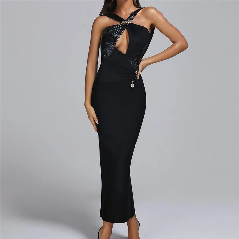 

Длинное Бандажное платье в стиле пэчворк с открытой спиной, черное Открытое платье-футляр, Клубная одежда, женское платье, черные наряды без рукавов, новый дизайн