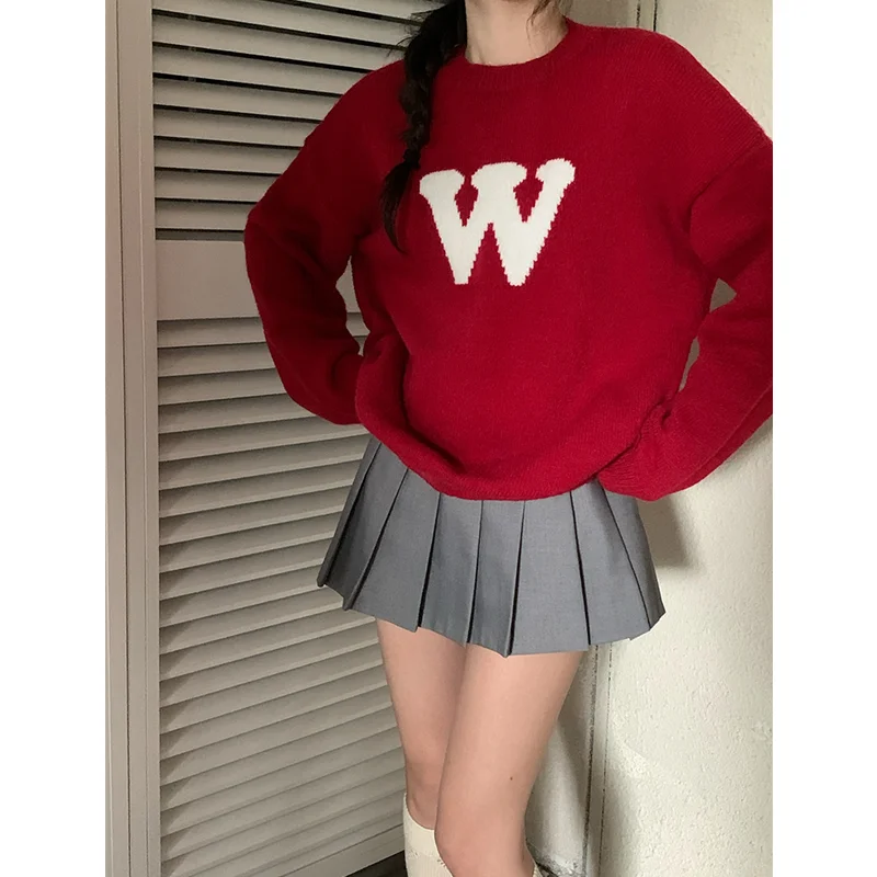 

Women's New Style Fashion Round Neck Pullover Red Sweater Temperament Versatile Sweater Comfortable Minimalistic Blouse Autumn