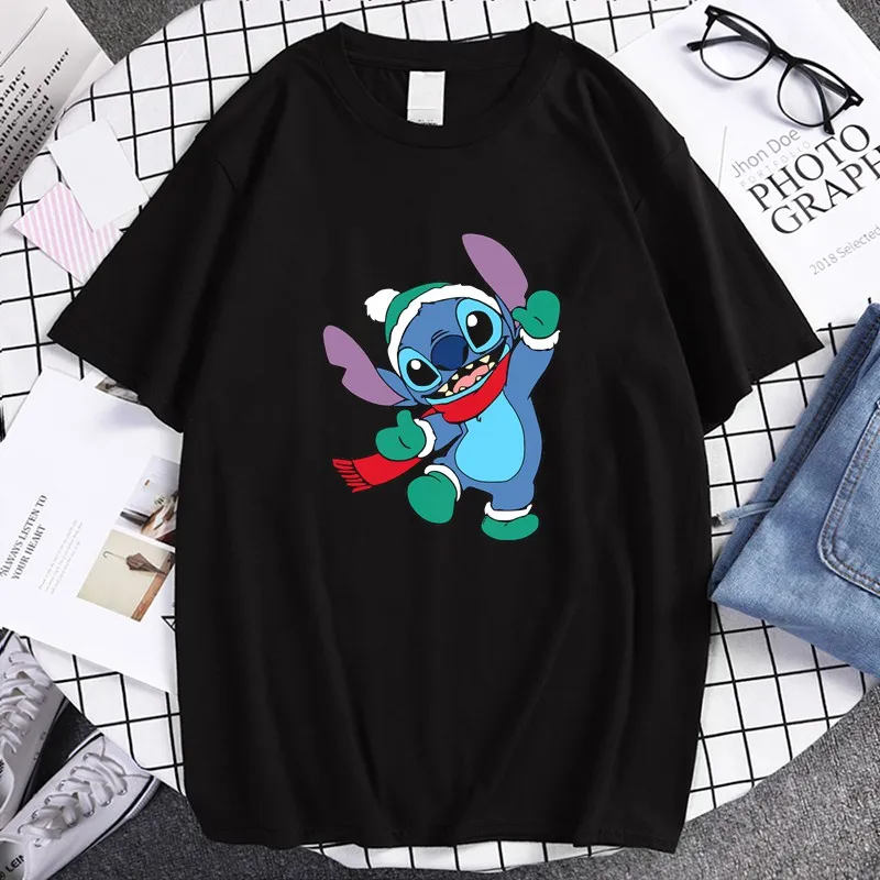 

Stitch Merry Christmas Cute Vintage Clothes Funny Kpop Women's T-shirt Short Sleeve Black Top Female Cotton 100% Men T Shirt
