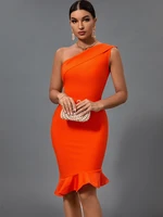 mermaid midi bandage dress orange bodycon dress evening party elegant sexy one shoulder birthday club outfit 2022 summer new