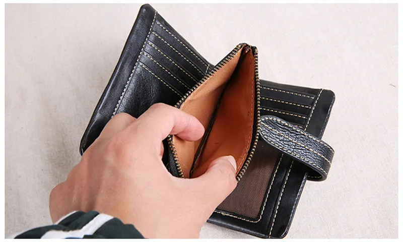 Genuine leather large capacity men women's tri-fold small wallet simple casual real cowhide credit card holder black coin purse