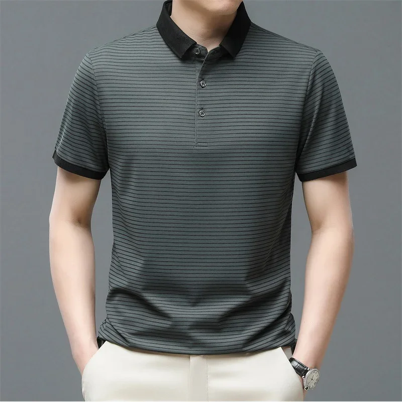 

Футболка-поло мужская в полоску, люксовая микро-эластичная рубашка с лацканами, модная повседневная одежда для гольфа, лето 2023