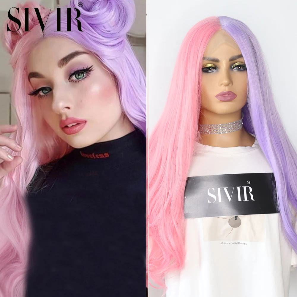 

SIVIR Synthetic Hair Lace Wigs Natural Hairline The Half Pink The Half Purple Color Synthetic Glueless Lace Wigs cosplay