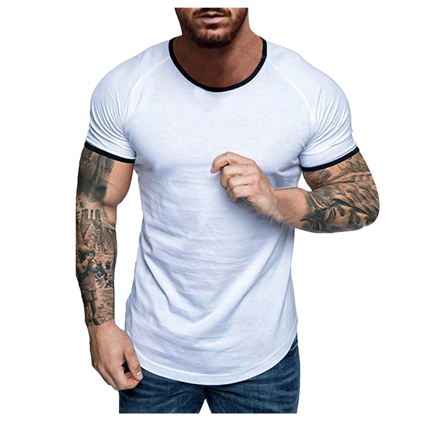 

New Men T-shirt Slim Fit O-neck Short Sleeve Muscle Fitness Casual Hip Hop Patchwork Hem Male Tops Summer Fashion Basic T-shirt