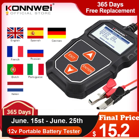 KONNWEI KW208 Тестер автомобильного аккумулятора 12 В 100–2000CCA Тестер зарядки с разрешением Анализатор аккумулятора 12 В Инструменты для проверки аккумулятора