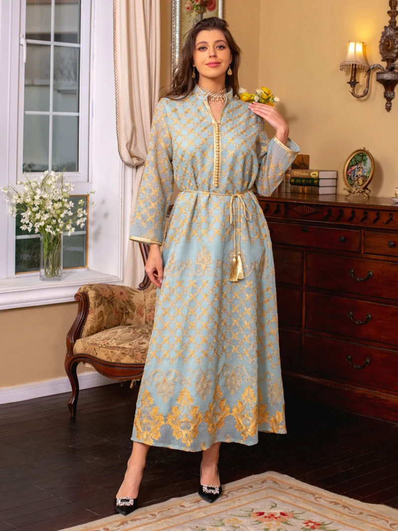 Moroccan Embroidery Kaftan Long Dress Women  Floral Imitation Linen Gulf Jalabiya Muslim Dubai Abaya Ramadan Eid Islam Clothes
