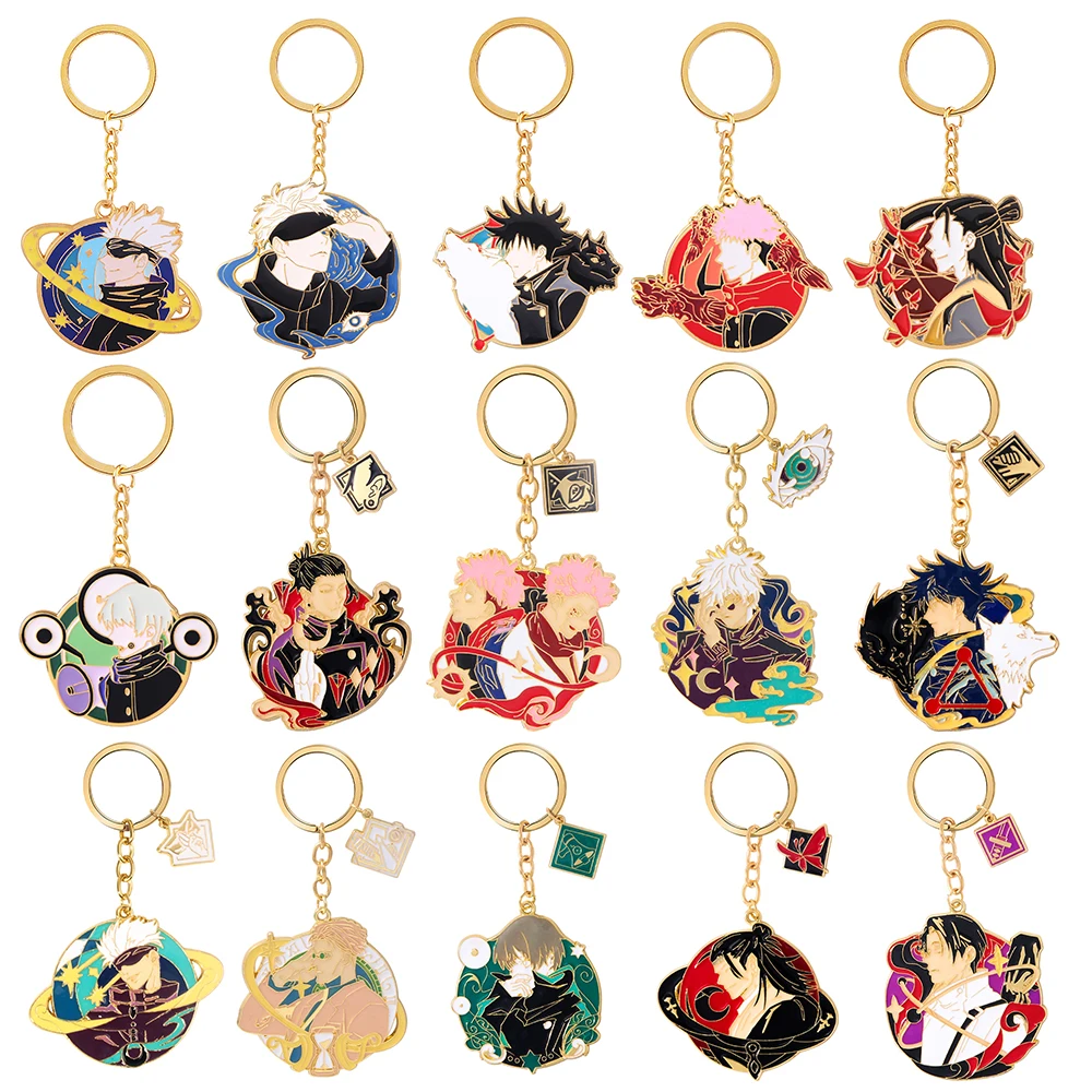 20Pcs/Lot Jujutsu Kaisen Metal Keychains Gojo Satoru Figure Badge Key Chain Pins For Men Women Anime Jewelry Props Wholesale