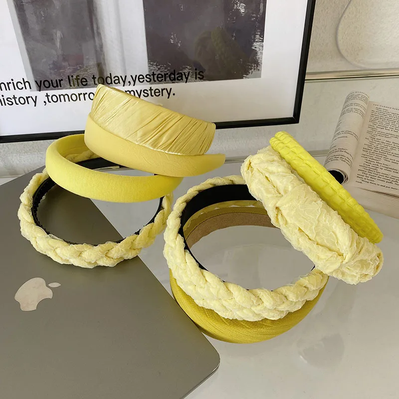 

Fashion Wide Hair Bands For Women Headdress Yellow Solid Cloth Headband Bezel Girls Hairband Hair Hoop Female Hair Accessories