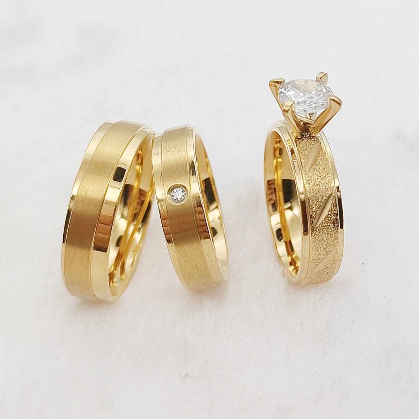 

24k Gold Plated Stainless Steel Jewelry Fiance and Fiancee Gifts 3pcs Couples Wedding Engagement Rings Sets For Men and Women