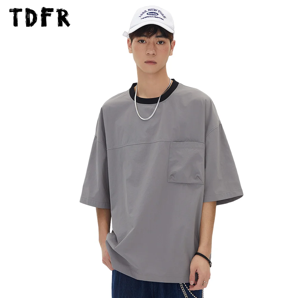 

Solid Color Short Sleeve T-shirt Mens Summer Safari Style Spliced Crew Neck Half-Sleeve Tshirt Men